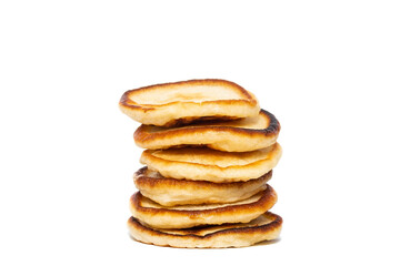 Stack of tasty pancakes on white background