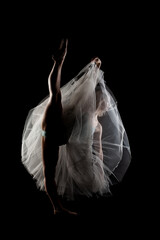 ballerina with a white dress and black top posing on black background © Nikola Spasenoski