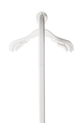 White plastic hangers for clothes hanging on rod from clothing rack. Isolated on white background..