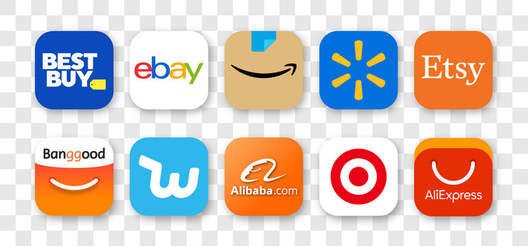 Set of popular icon app online shopping: Amazon, Ebay, Bestbuy, Aliexpress, Wish, Banggood, Alibaba, Etsy, Target, Walmart. Vector editorial illustration