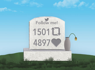 A headstone in a cemetery is carved with the message, "Follow me!" and info on the stone includes how many re-Tweets and likes the person had on  social media account. 3-d illustration..