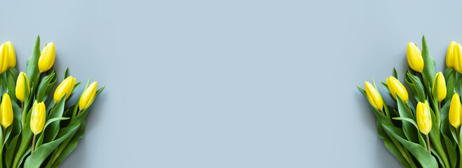 Horizontal web banner with yellow tulips on gray paper with copy space. Background for womens day, 8 March Valentines day, 14 february. Flat lay style, top view, mockup, template, overhead. Greeting