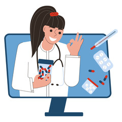 The concept of telemedicine or online medication ordering. A pharmacist sells medicine in an online pharmacy. Flat vector illustration on white background. For print, web design.