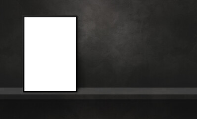 Picture frame leaning on a black shelf. 3d illustration. Horizontal banner