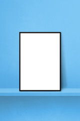 Black picture frame leaning on a blue shelf. 3d illustration. Vertical background