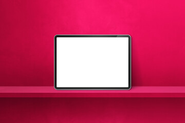Digital tablet pc on pink wall shelf. Horizontal background banner