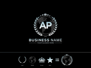 Alphabet AP Logo, Creative Ap Initial Letter Vector Logo Modern and circle Leaf Globe Royal Crown and Star Icon
