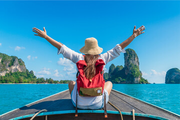 Happy traveler woman on boat joy fun nature view scenic landscape Railay beach Krabi, Attraction famous place tourist travel Phuket Thailand summer holiday vacation trip, Beautiful destination Asia