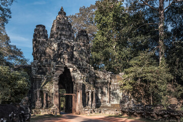 Fototapeta premium Ruins of ancient Cambodian temple among trees in Angkor complex, Siem Reap, Cambodia