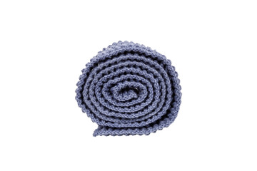blue knitted wool scarf folded in a roll isolated on white background