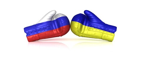 Fototapeta premium Russia war ukraine battle flags on boxing gloves conflict confrontation sign graphic combat symbol graphic illustration 3d rendering isolated on white background