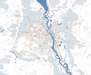 Map of the capital of Ukraine, Kiev. Buildings and city center. Aerial view. Roads and communication routes. Access points to the city. Satellite view