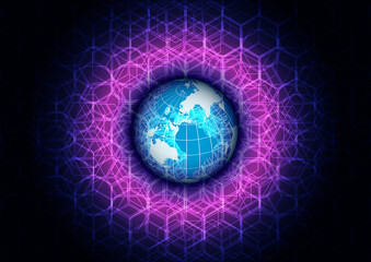 vector globe planet, World map, Global social network, Mesh Violet and blue futuristic background with planet Earth, Internet and technology background, illustration vector design