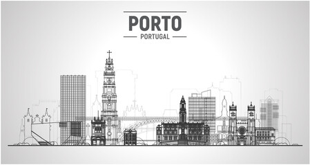 Porto Portugal skyline with panorama in white background. Vector Illustration. Business travel and tourism concept with modern and old buildings. Vector for presentation, banner, website. - obrazy, fototapety, plakaty