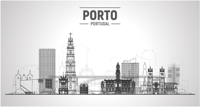 Porto Portugal skyline with panorama in white background. Vector Illustration. Business travel and tourism concept with modern and old buildings. Vector for presentation, banner, website.