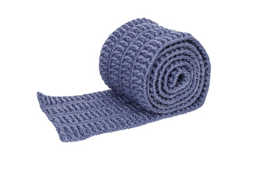 blue knitted wool scarf folded in a roll isolated on white background
