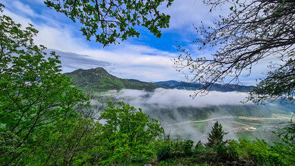 Scenic view from below mount Roethelstein near Mixnitz in Styria, Austria. Landscape of green...