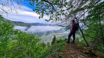 Man admiring the scenic view from below mount Roethelstein near Mixnitz in Styria, Austria. Landscape of green alpine meadow, bushes and grass in the valley of Grazer Bergland in Styria, Austria. Hike
