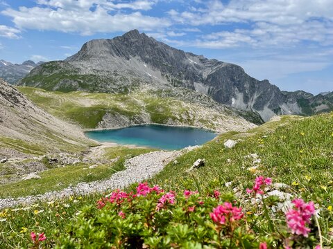 Emerald-green Butzensee in Arlberg region, close to Lech, with blooming red alpine roses. © Maleo Photography