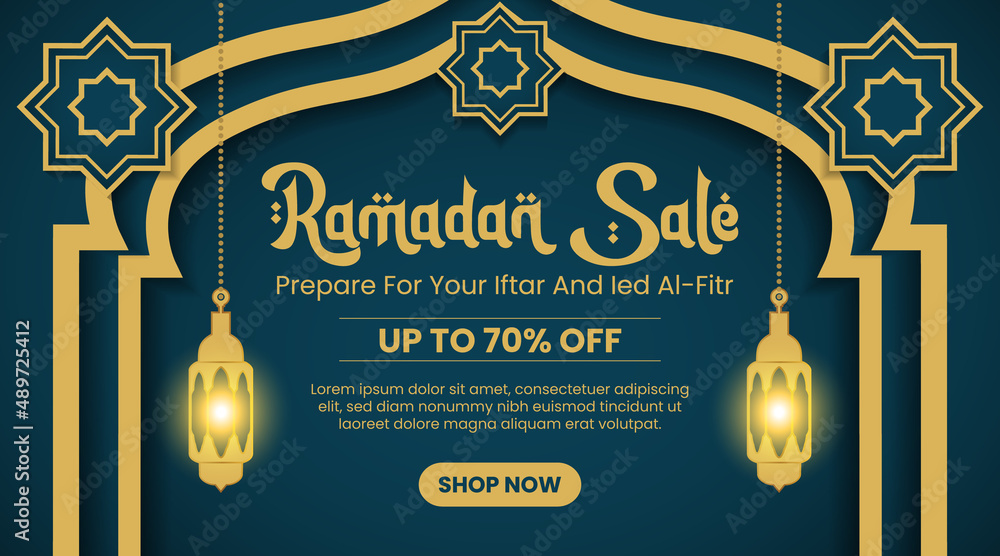 Wall mural Ramadan sale banner design with mosque gate and lantern