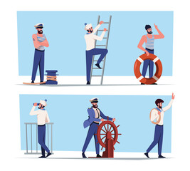Sailors. Flat marine characters young captains and sailors in work professional costumes garish vector characters in cartoon style - obrazy, fototapety, plakaty