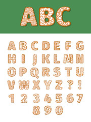 Gingerbread decorative letters. Xmas sweets dessert alphabets cookies garish vector collection set isolated