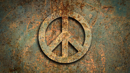 3D peace symbol with on a rusty metal background. no war concept.