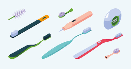 Teeth brush isometric. Tools for dental care bathroom items for hygiene teeth garish vector collection set