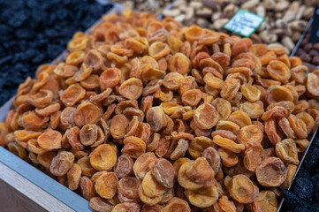 Dried apricot fruits and nuts on local food market