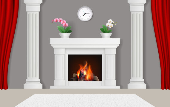 Interior with fireplaces. Modern home place with decorative fireplaces decent vector realistic background template