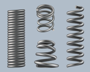 Spring coils. Steel geometrical 3d objects machine details metallic stretch and flexible material for heavy industry decent vector realistic spring coil - obrazy, fototapety, plakaty