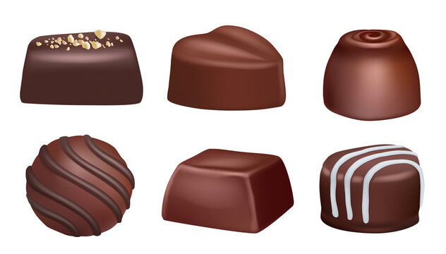 Realistic dessert. Chocolate sweets with cacao and jam delicious dark candies decent vector colored set isolated