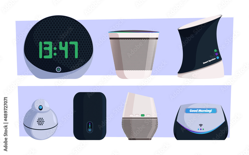 Poster smart speaker. sound music and voice controllers with network connection devices garish vector flat 