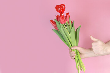 Red tulips in a man's hand on a pink background, gift concept, women's day, love. Space for text