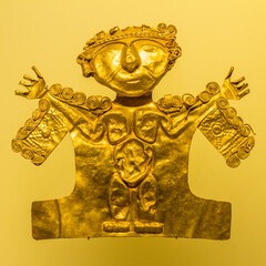 Pre-Columbian gold artifact on display in the Museo del Oro. The Museum of Gold is a museum located in Bogota, Colombia.