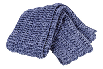 blue knitted wool scarf rolled up isolated on white background