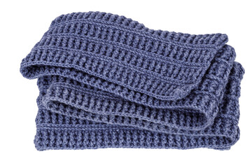 intricate blue knitted wool scarf isolated on white background