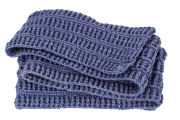 blue knitted wool scarf rolled up isolated on white background