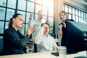 Group of happy diversity multiracial triumphant Business team colleague celebrate success goal target, cheerful coworker startup office people, team building, teamwork, cooperate, partnership concept