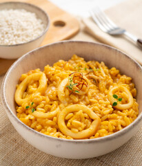 Soupy rice with squid. Spanish paella tapa.