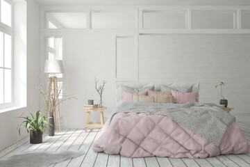 White bedroom interior. Scandinavian design. 3D illustration