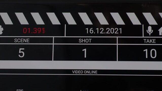 Digital Film slate. Movie clapper board interface. Digital number running and counting before shooting movie or filming. clapperboard for video recording and vdo production. Film industry tools.