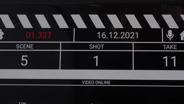 Digital Film slate. Movie clapper board interface. Digital number running and counting before shooting movie or filming. clapperboard for video recording and vdo production. Film industry tools.