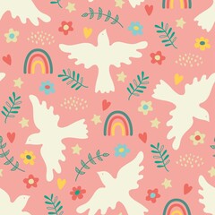 Seamless pattern with dove of peace, blossom, rainbow and hearts. Boho style. Vector illustration.