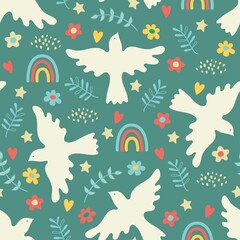 Seamless pattern with dove of peace, blossom, rainbow and hearts. Boho style. Vector illustration.