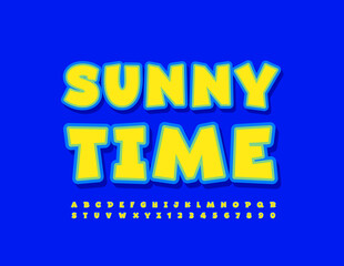 Vector creative emblem Sunny Time. Playful bright Font. Decorative Alphabet Letters and Numbers set