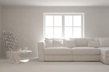 Mock up of minimalist living room in white color with sofa. Scandinavian interior design. 3D illustration