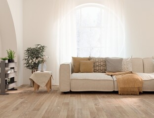 White living room with sofa. Scandinavian interior design. 3D illustration