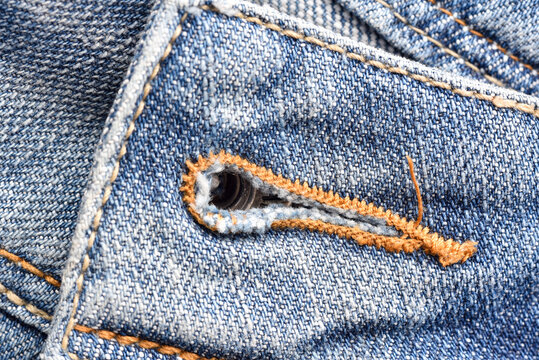 Macro of buttonhole jeans pants, Denim texture pattern, Close up of stitch threads, Fabric detail background.
