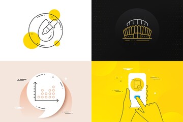 Minimal set of Eye drops, Dot plot and Sports stadium line icons. Phone screen, Quote banners. Medical tablet icons. For web development. Pipette, Presentation graph, Championship arena. Vector